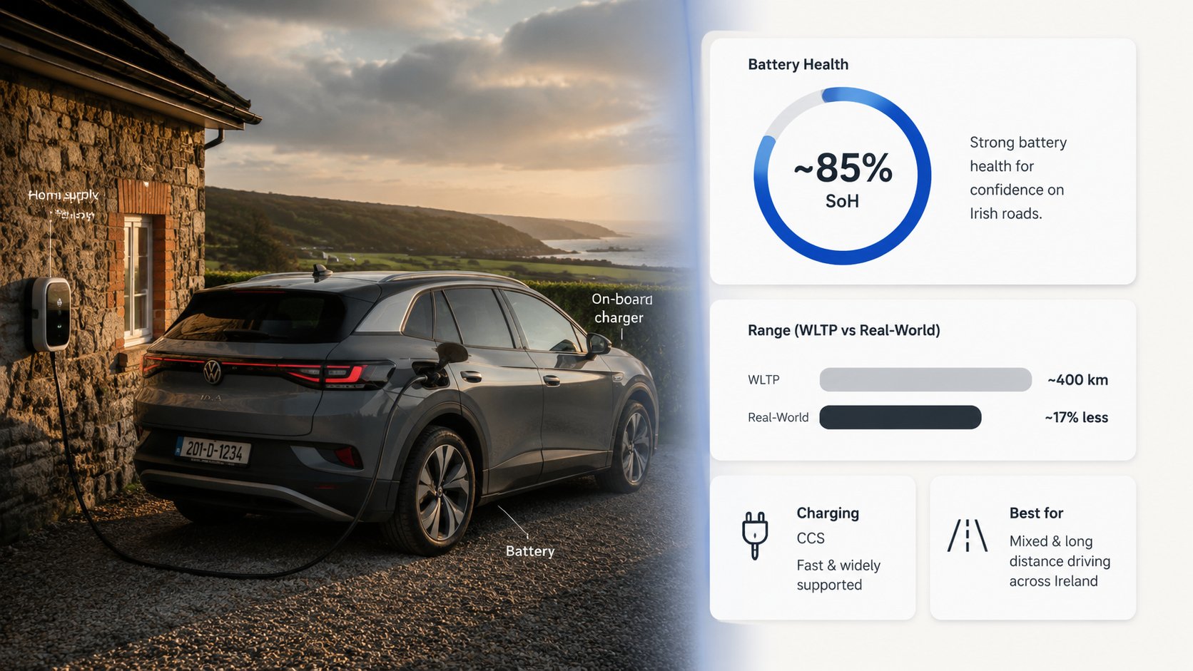 A clear comparison graphic for a used Volkswagen ID.4 buying guide in Ireland, showing multiple VW ID.4 variants matched